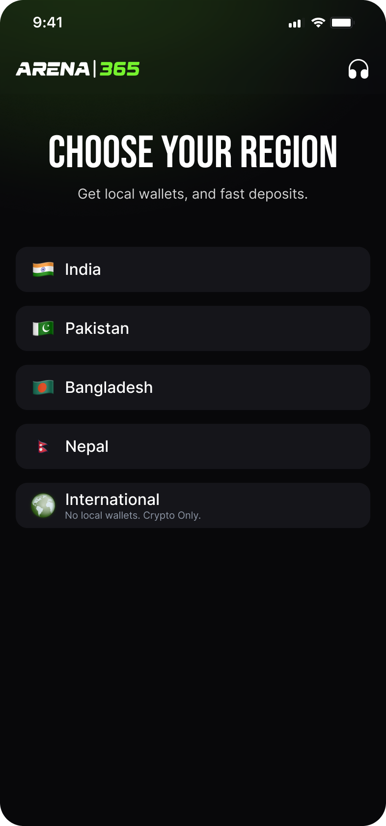 Choose your region screen listing India, Pakistan, Bangladesh, Nepal and International