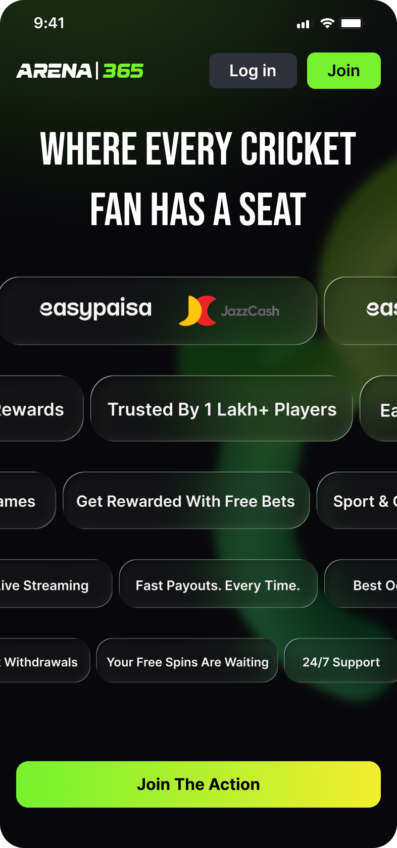 Landing page with a headline, scrolling benefit chips and a Join The Action button