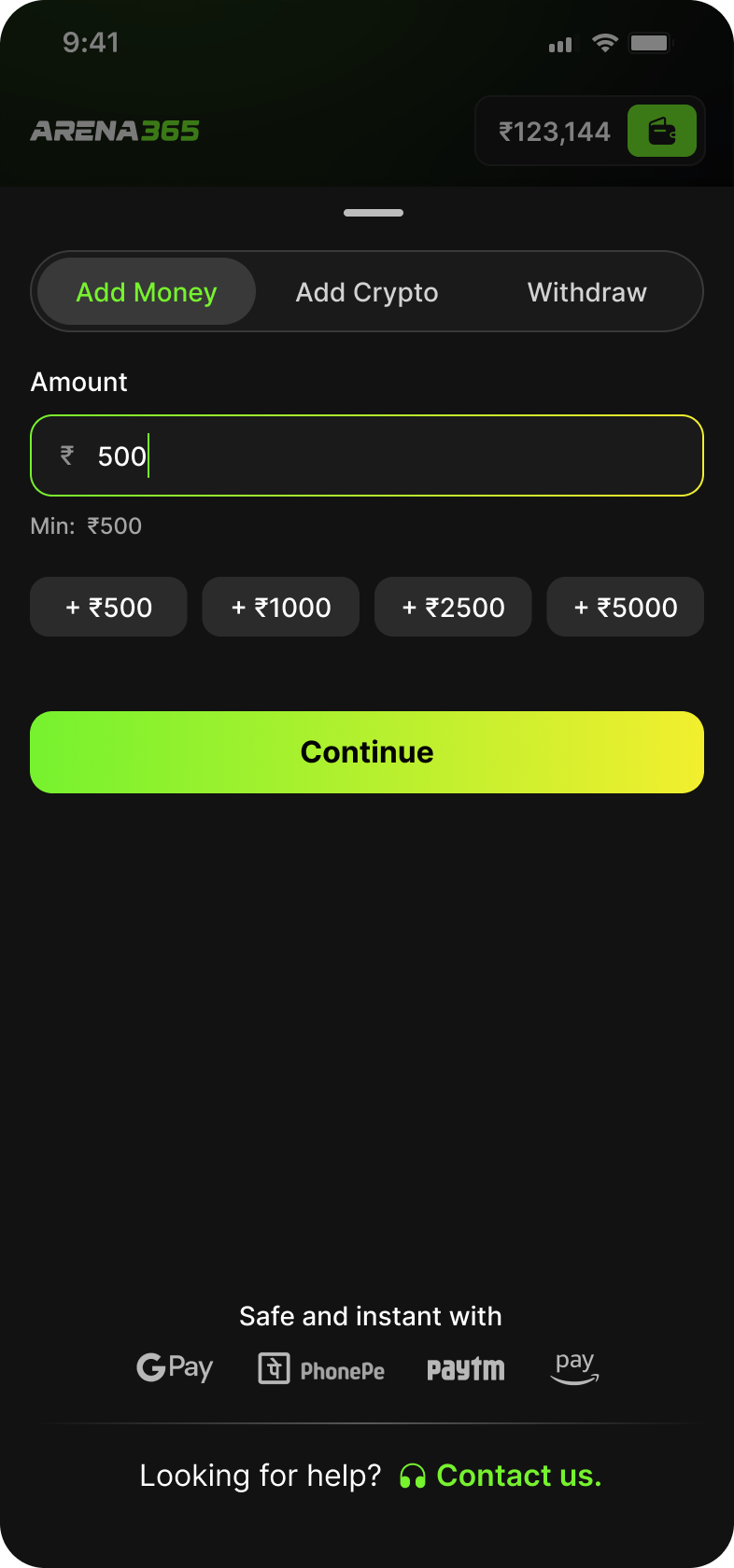 Add Money tab with an amount field, quick-add chips and a Continue button