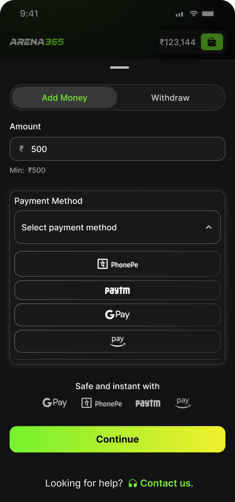 Payment method list with PhonePe, Paytm, GPay and Amazon Pay
