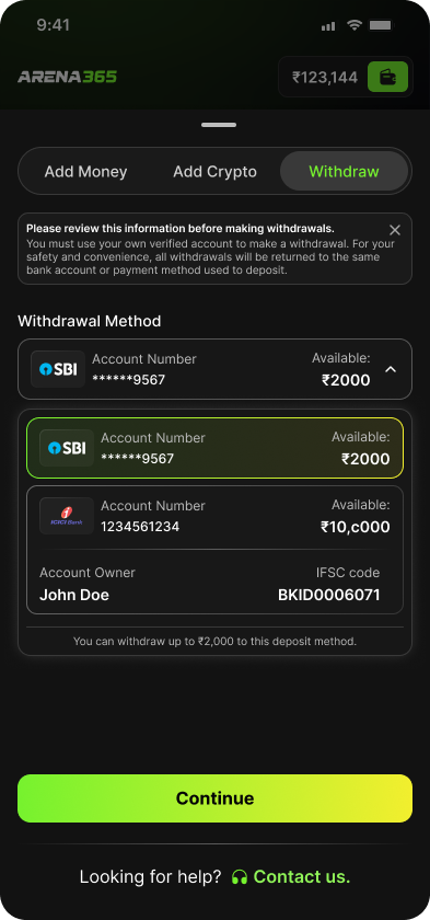 Withdraw tab with a notice and a list of saved bank accounts