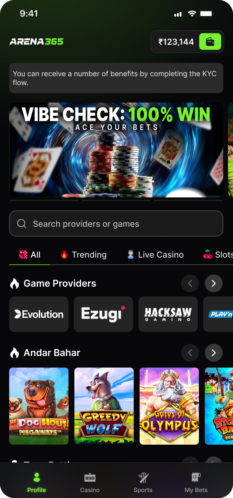 Casino lobby with a promo banner, search, category tabs and game providers