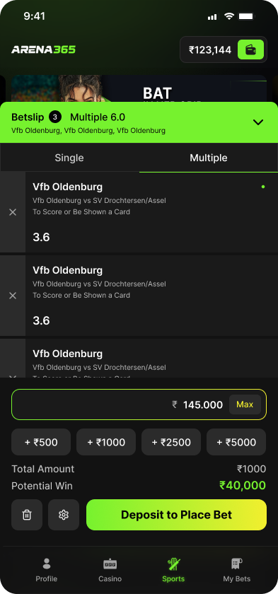 Expanded bet slip with Single and Multiple tabs, quick stakes and a Deposit to Place Bet button