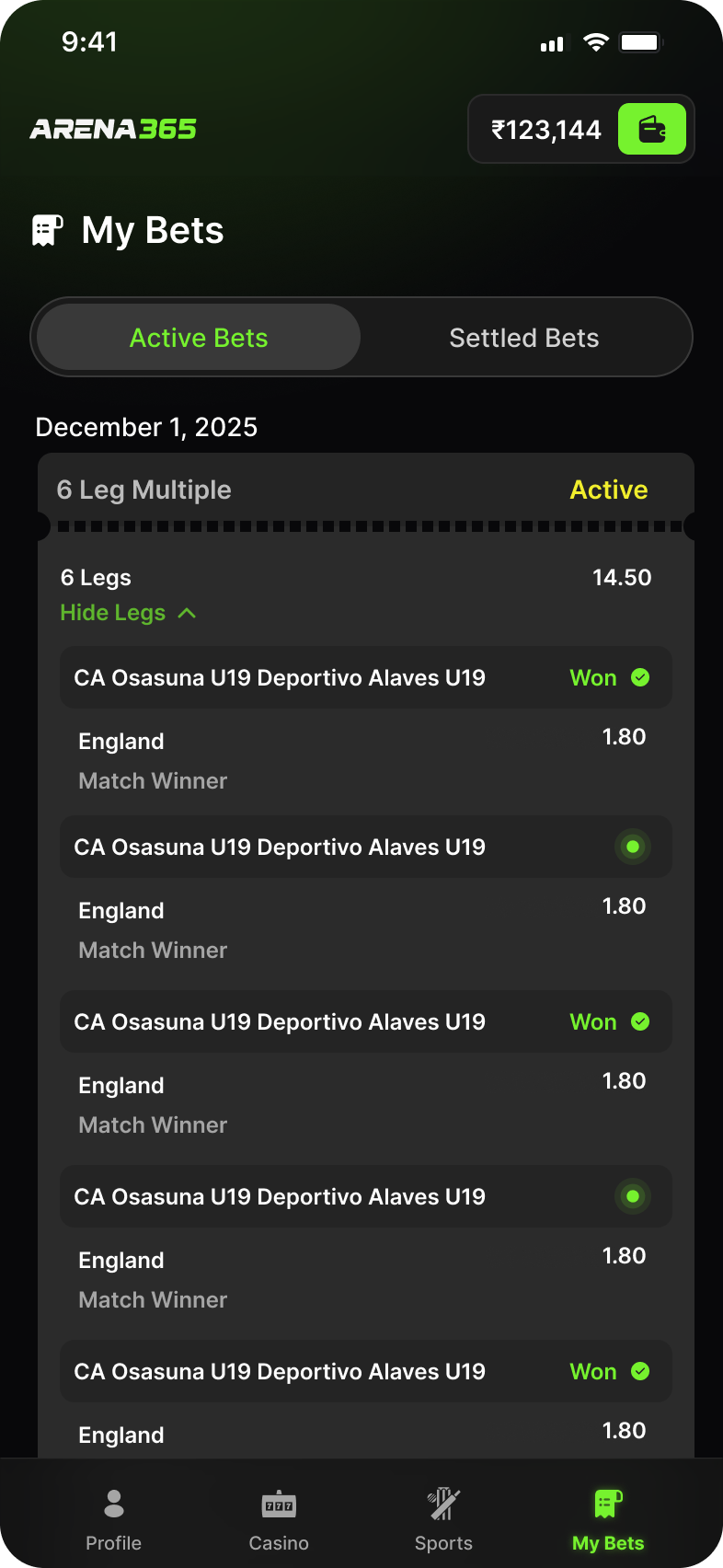 A six-leg multiple bet with each leg showing Won or live
