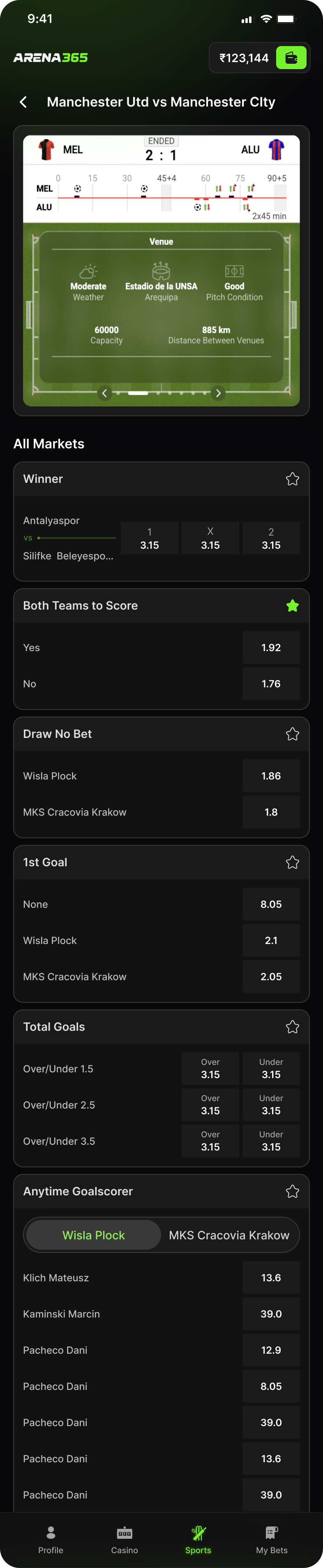 Match page with a score timeline, venue details and a list of betting markets