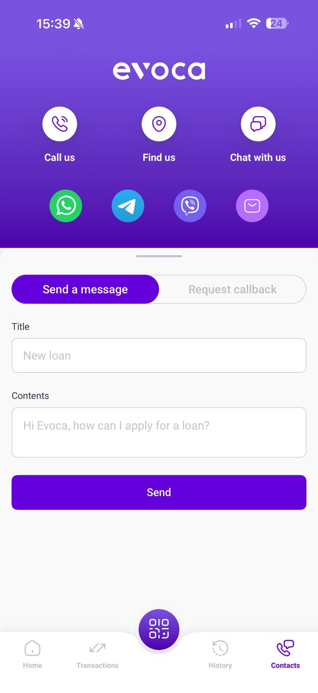 Contacts screen with call, find and chat options, messengers, and a message form