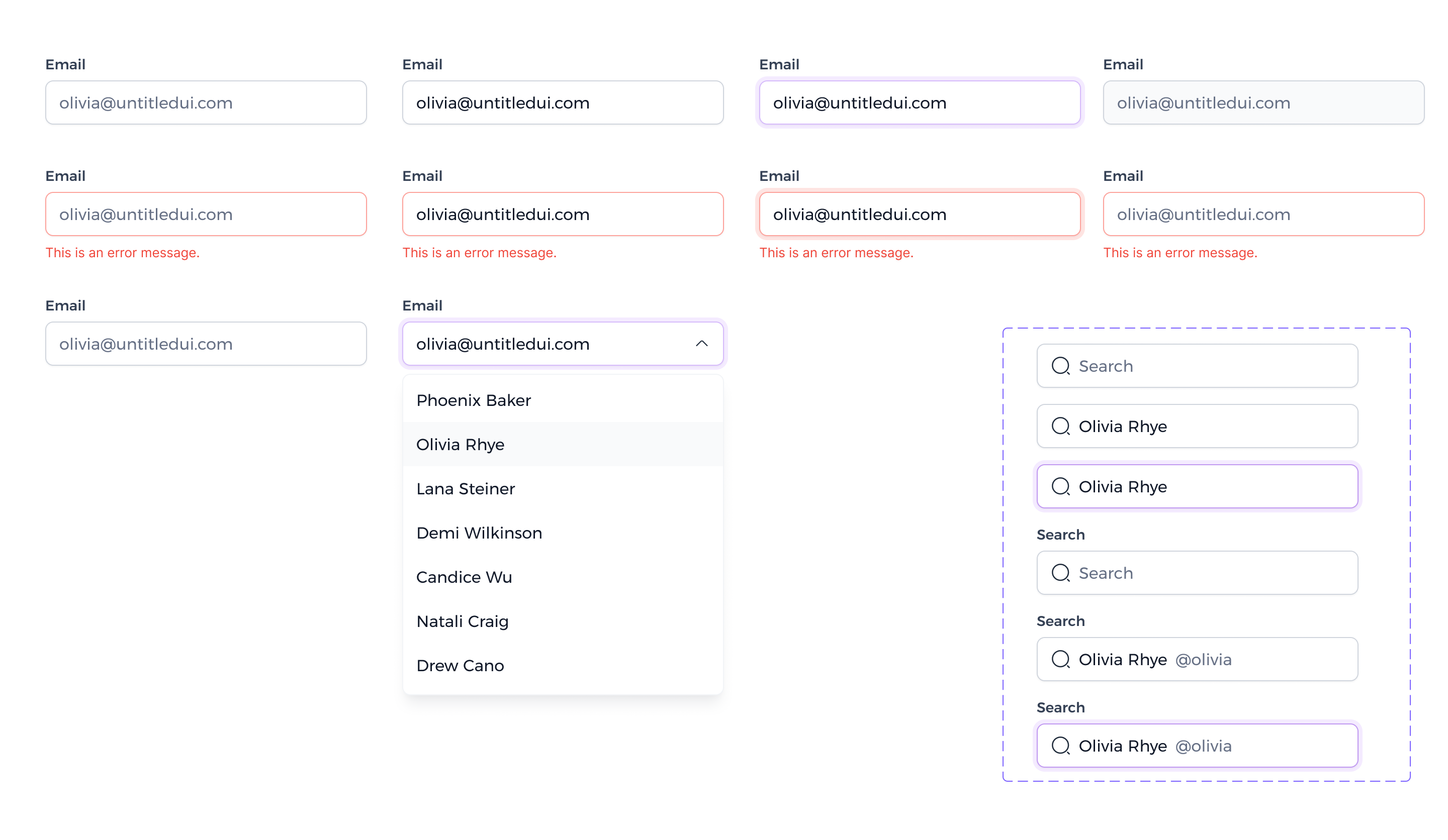 Input field states: default, filled, focus, disabled, error, dropdown and search