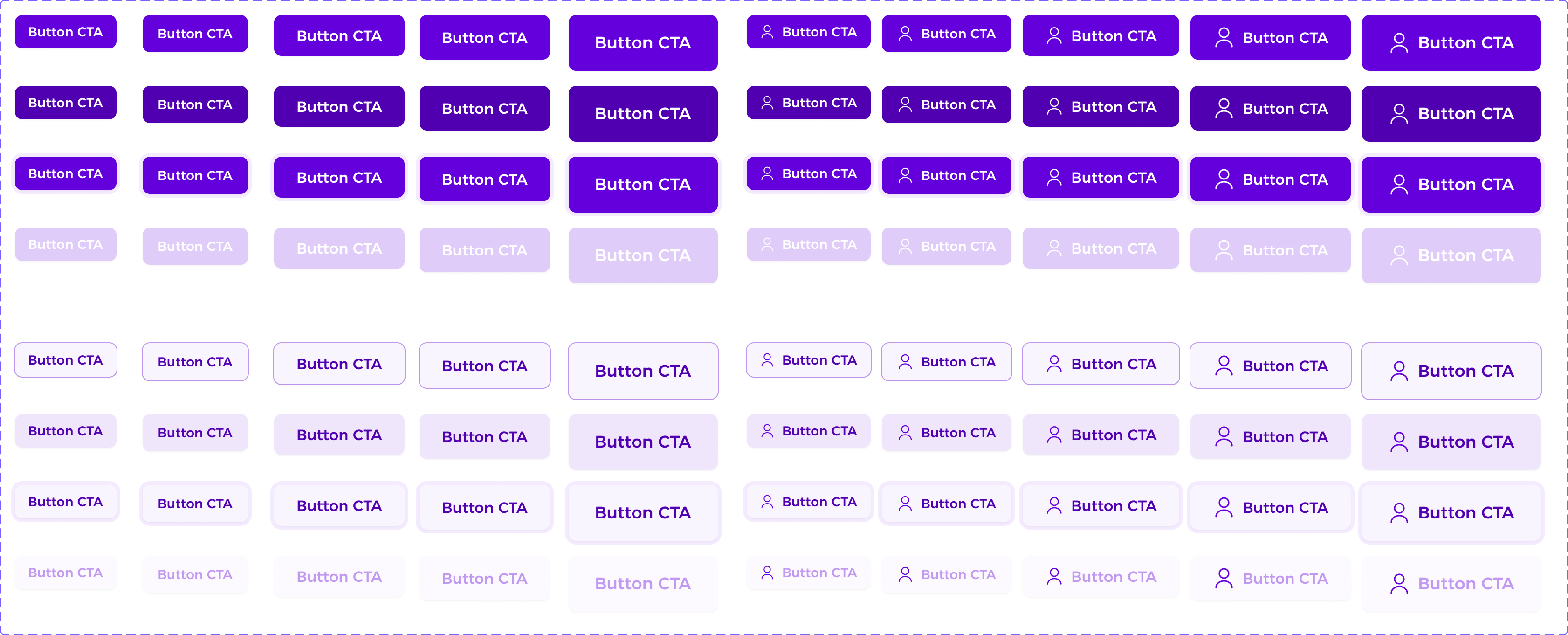 Button styles in five sizes, with and without icons, in default, pressed, focus and disabled states