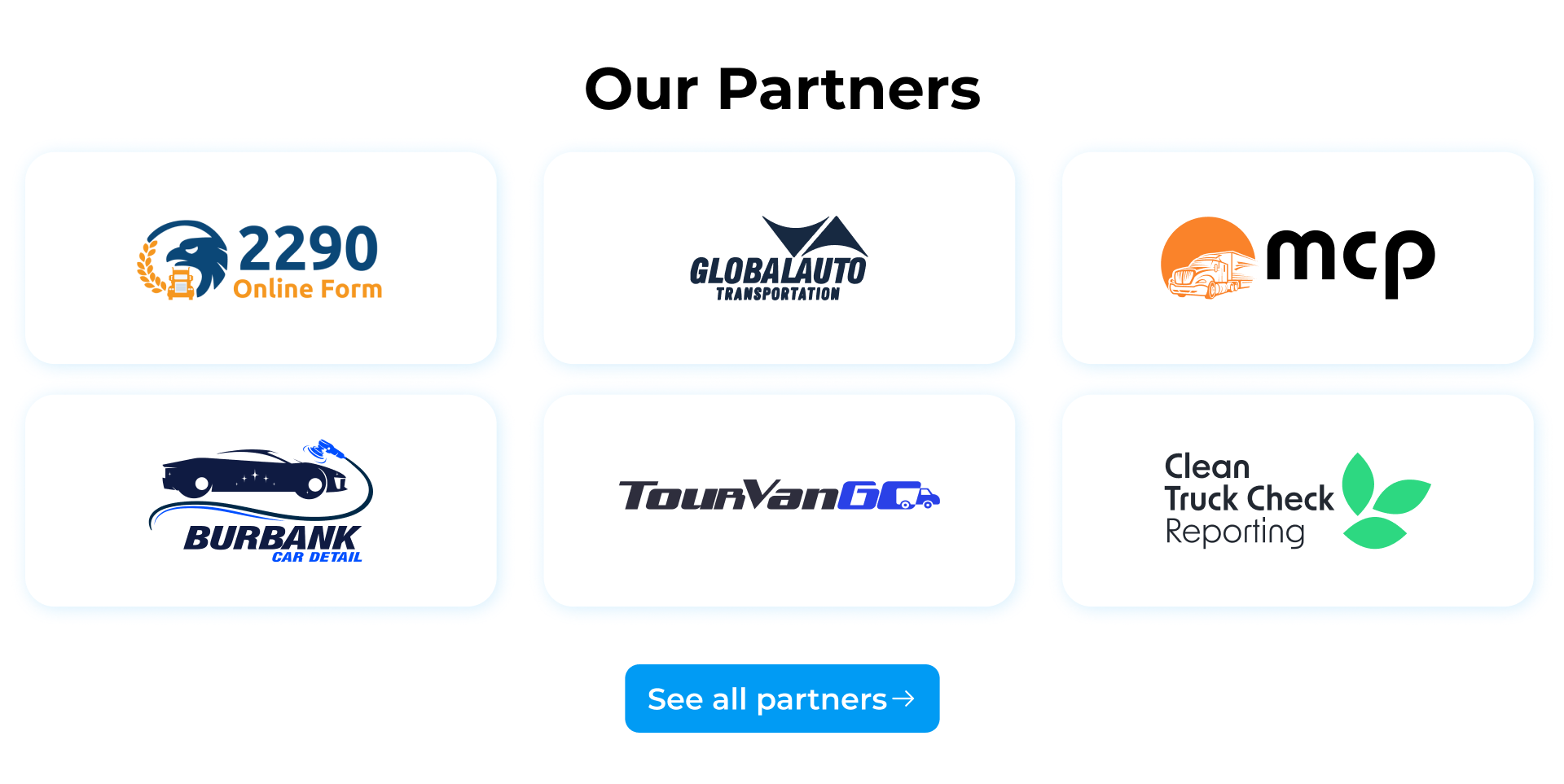 Our Partners section with six logo cards and a See all partners button