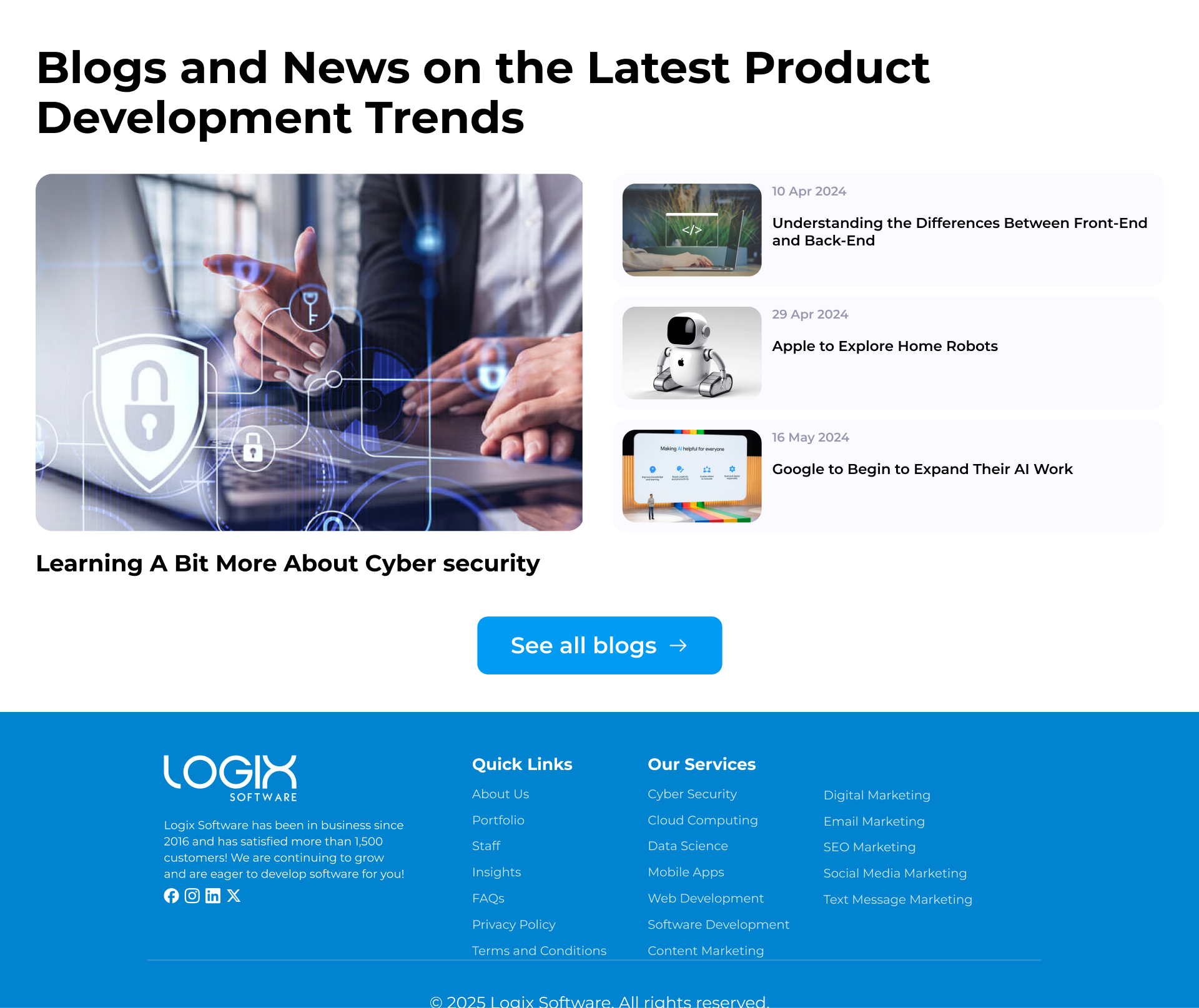 Blogs and news section with a featured article, three smaller articles and a footer