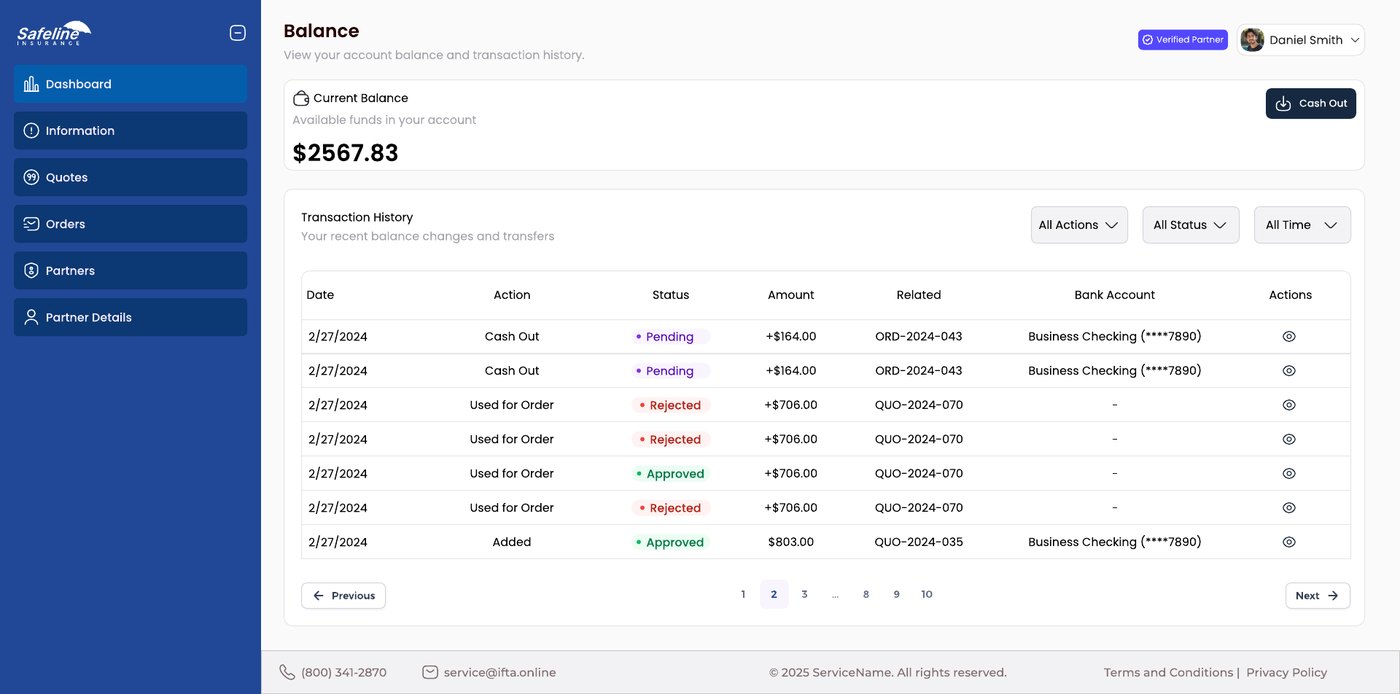 Balance page with a large balance, a Cash Out button and a transaction history table