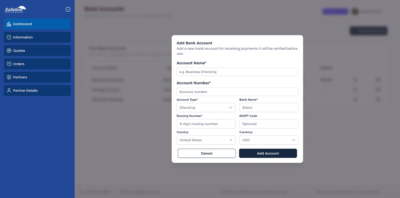 Add bank account dialog over the bank accounts list