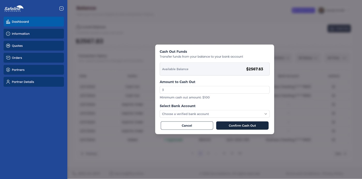 Cash out dialog with the available balance, an amount field and a bank account selector