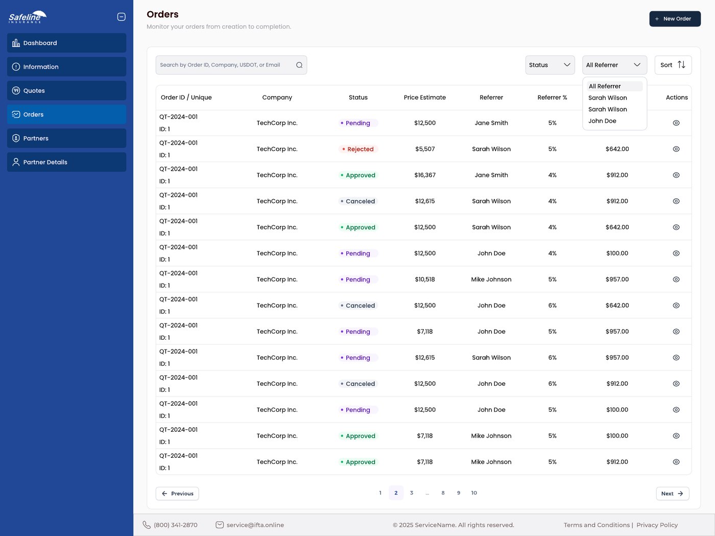 Orders list with the referrer filter open