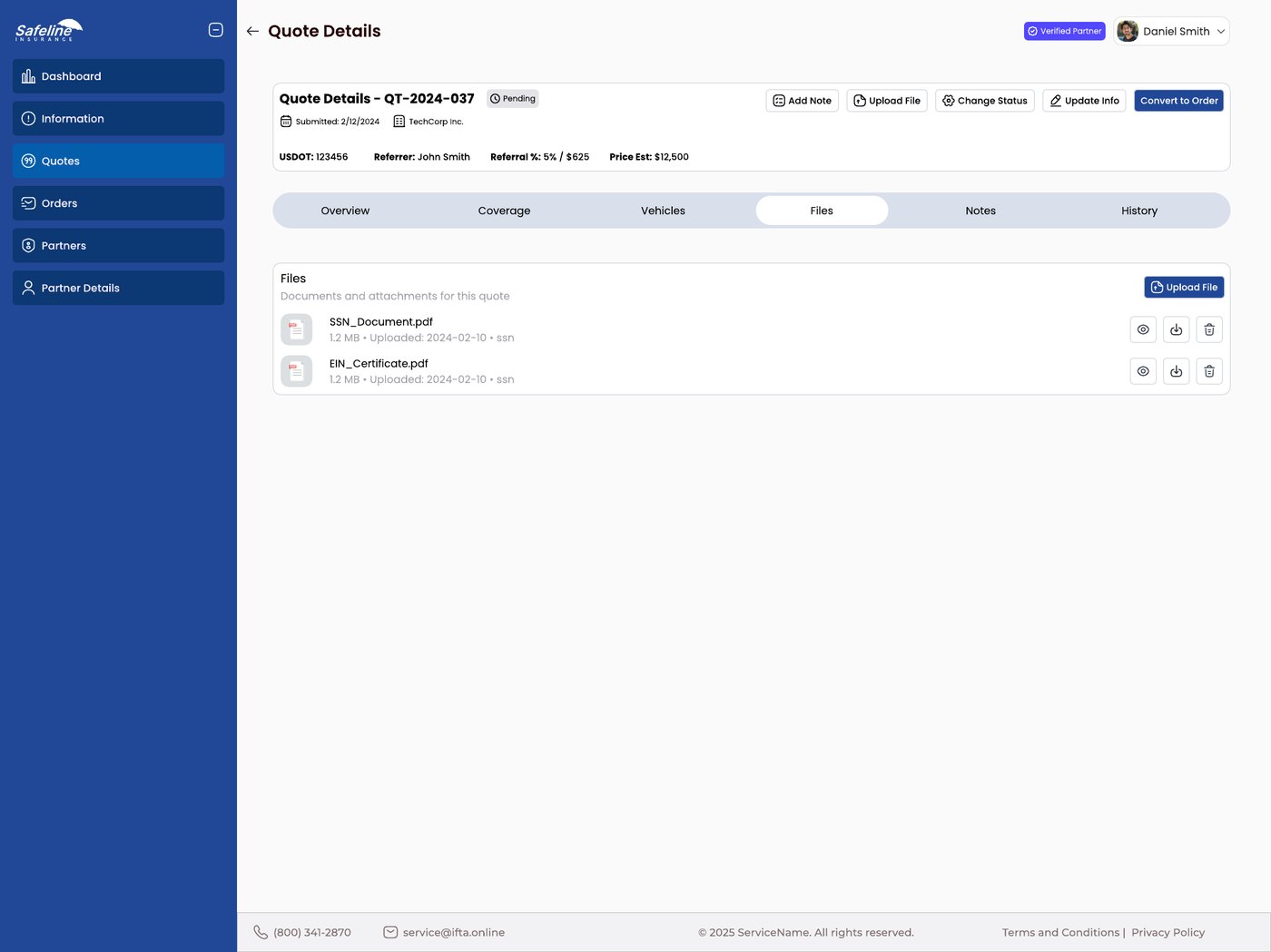 Files tab with a list of uploaded documents and an upload button