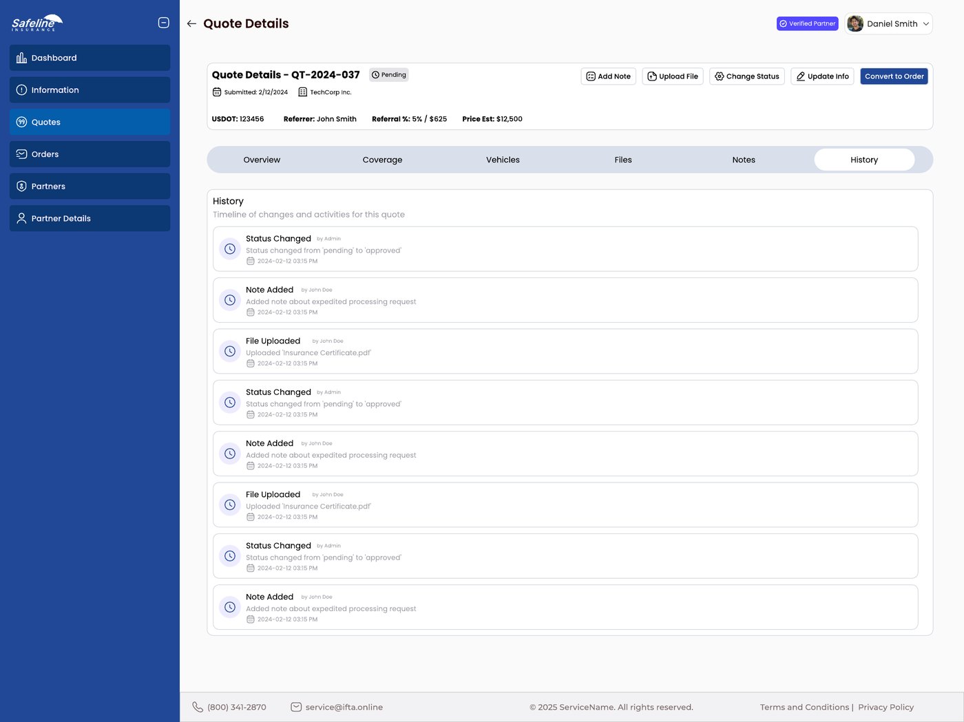 History tab with a timeline of status changes, notes and file uploads