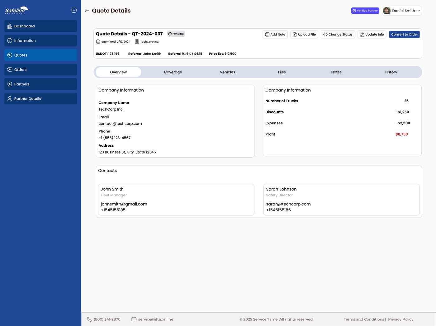 Quote details overview with company information, a financial summary and contacts