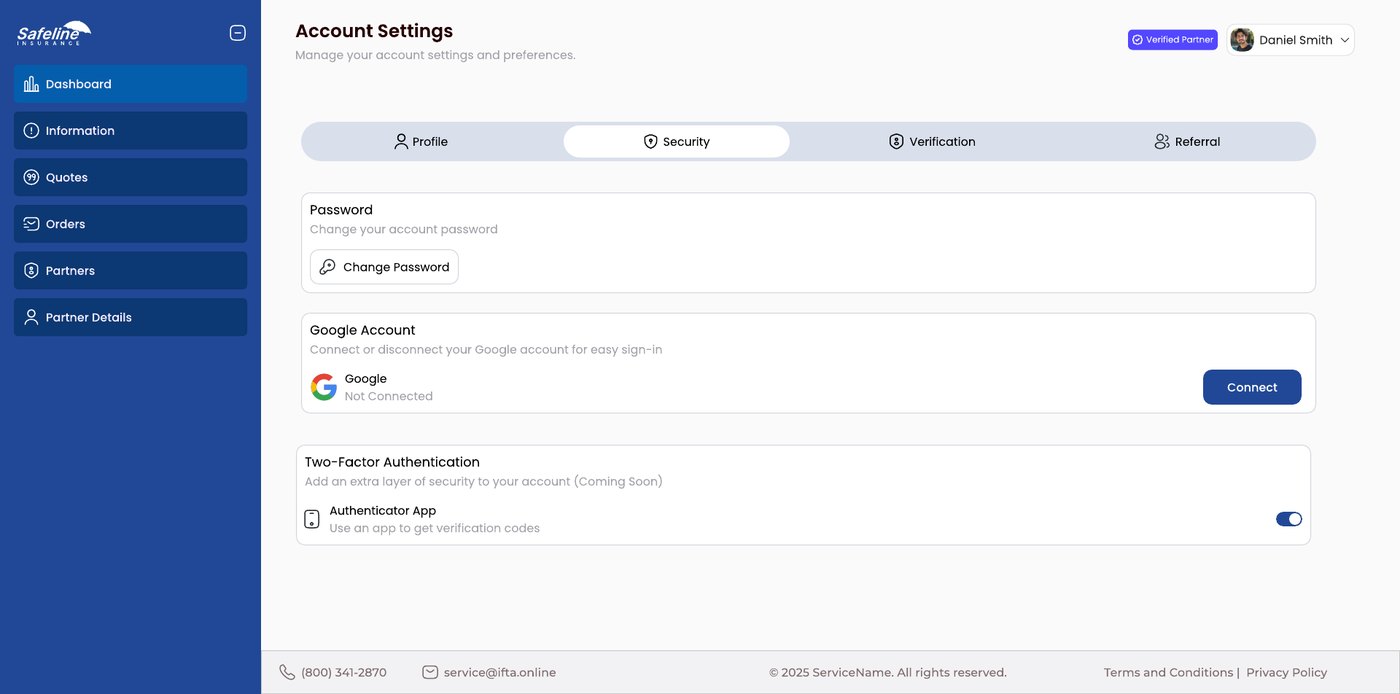 Security tab with change password, Google account and two-factor authentication