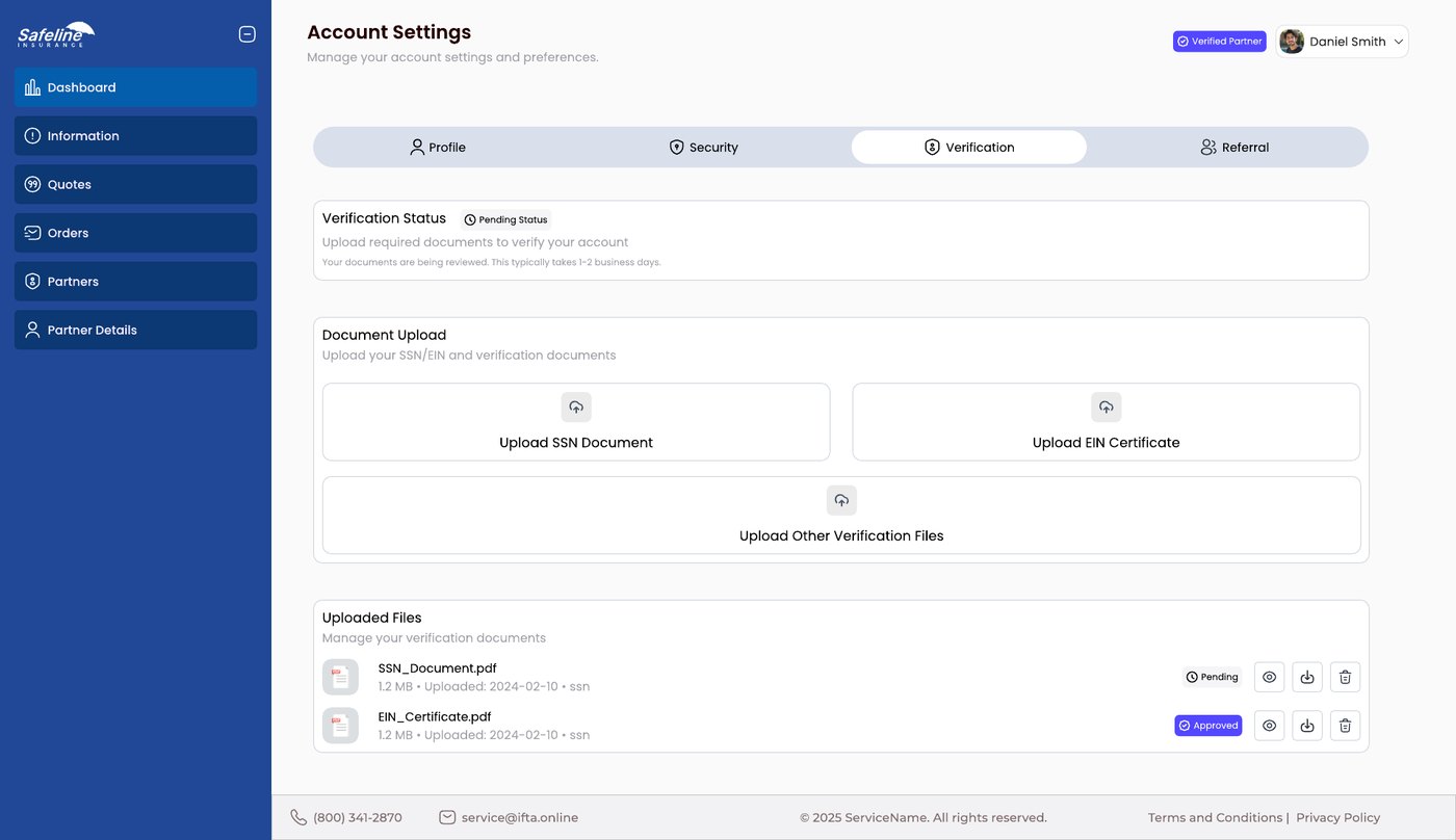 Verification tab with a status label, document upload areas and a list of uploaded files