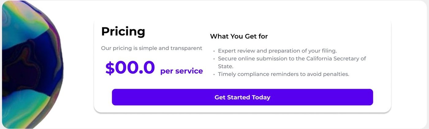 Pricing card with a large price, a list of what is included and a Get Started Today button